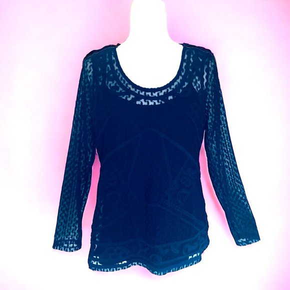 INC INTERNATIONAL CONCEPTS Bobbi + Bricka Navy Lace Front Sheer Long Sleeves NWT - Picture 5 of 5